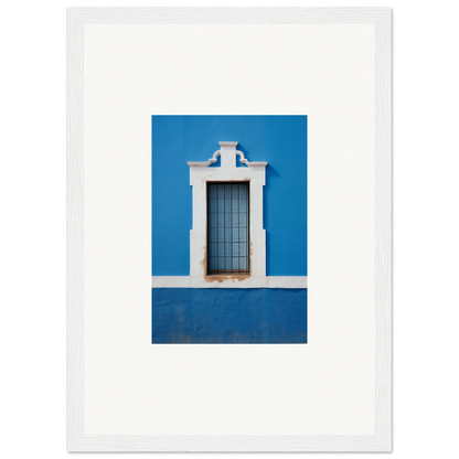 White-framed window with bars on a blue wall from Liquid Azure Quest framed wall art