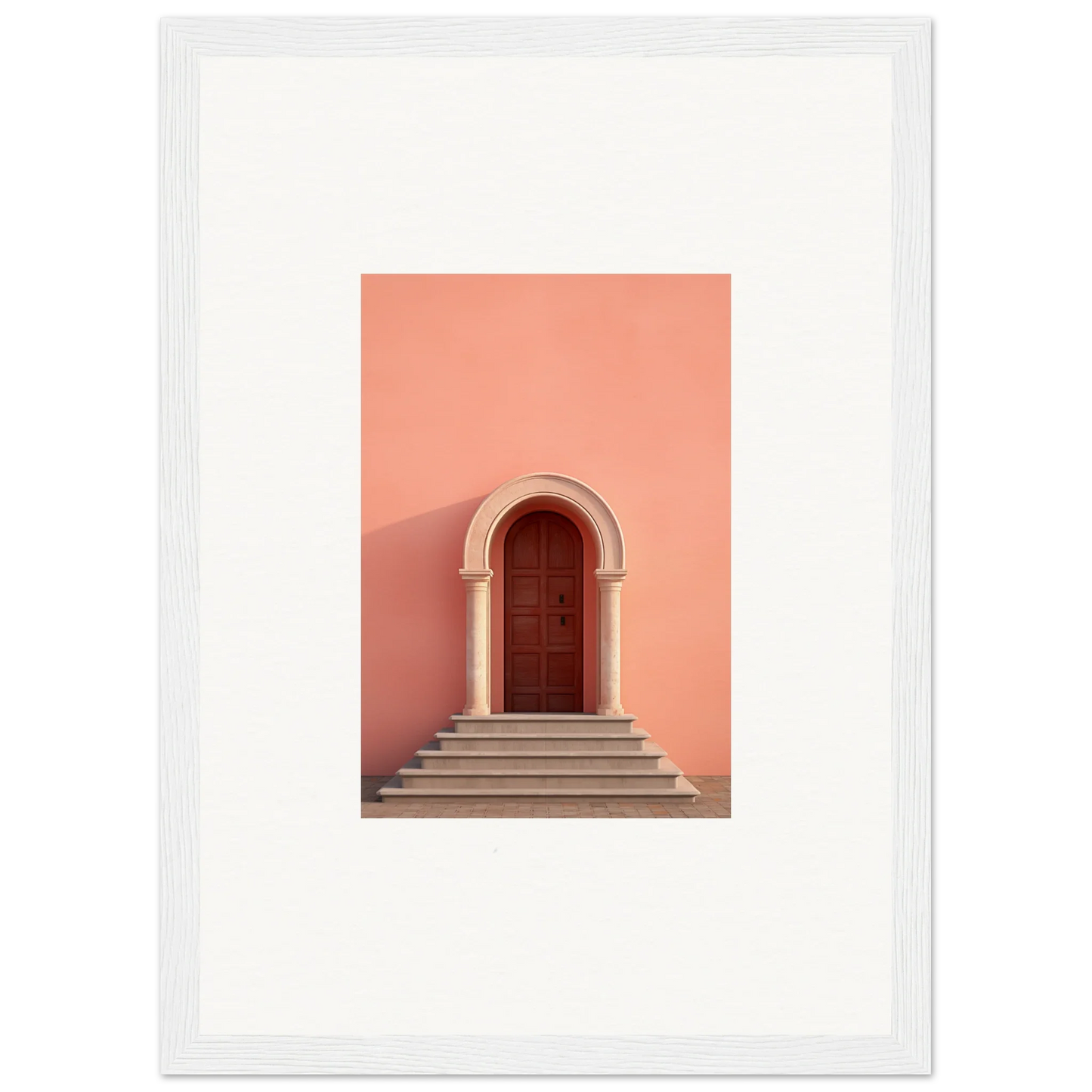 Arched wooden door on stone steps by a coral wall, showcasing Ethereal Sunset Gateway