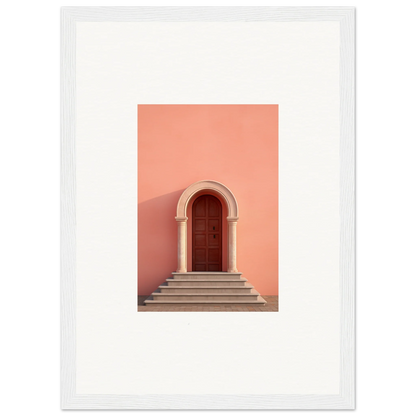 Arched wooden door on stone steps by a coral wall, showcasing Ethereal Sunset Gateway