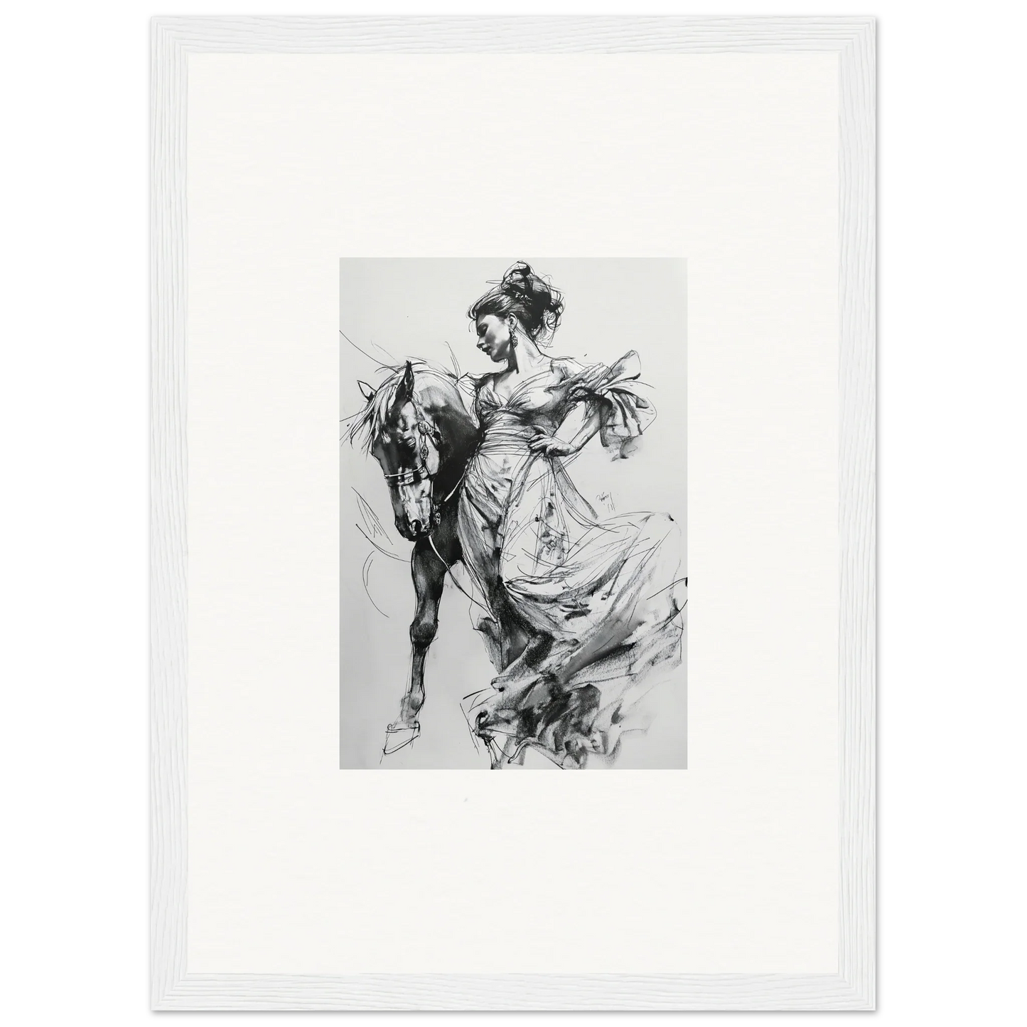 Black and white sketch of a figure in flowing dress riding a horse for Stardust Morph Whimsy