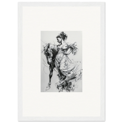 Black and white sketch of a figure in flowing dress riding a horse for Stardust Morph Whimsy