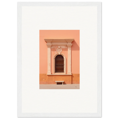 Ornate arched window with classical columns on peach wall in Silent Sunset Oblique art