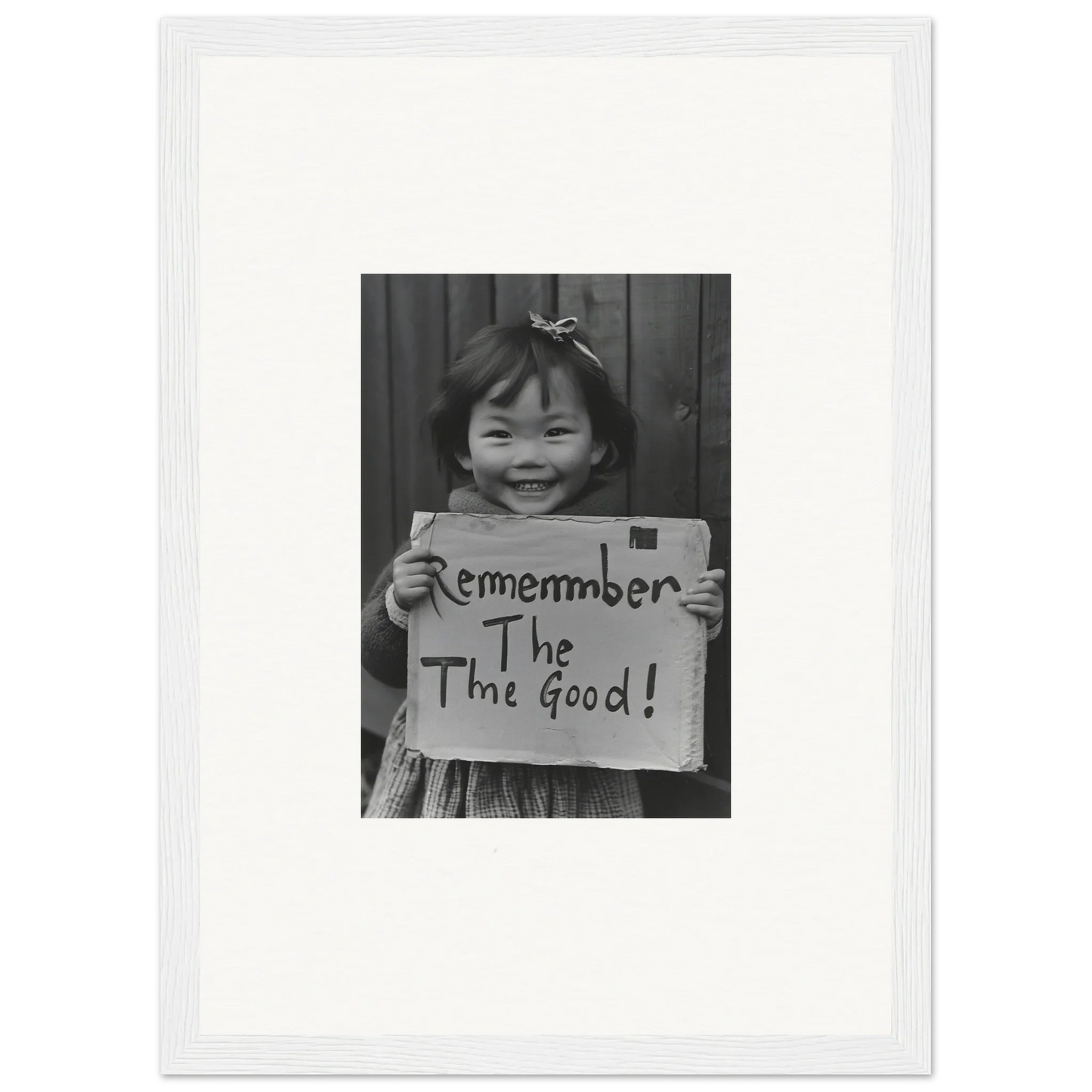 Child holds a sign saying Remember The Good in a Timeless Joy Parade framed wall art