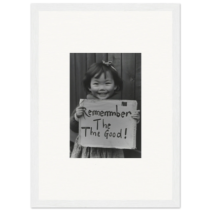 Child holds a sign saying Remember The Good in a Timeless Joy Parade framed wall art