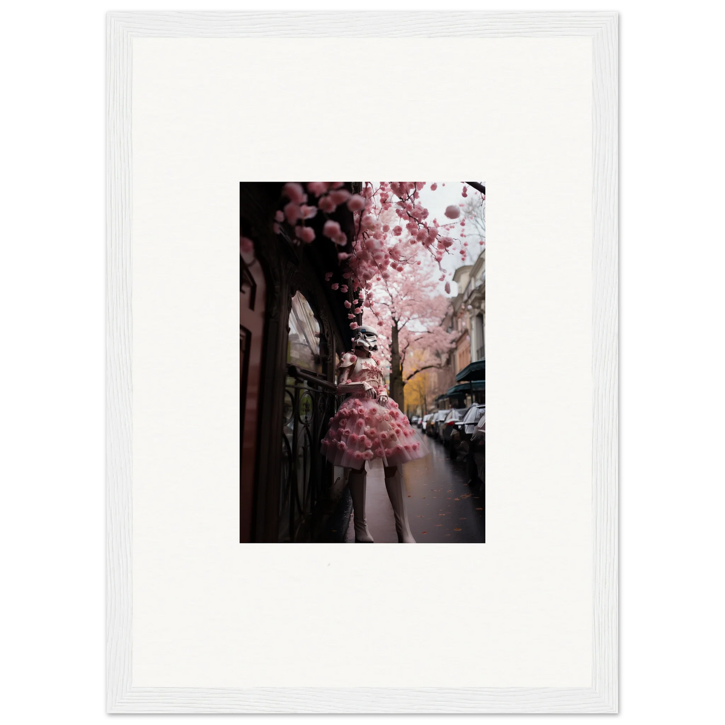 Cherry blossom tree with pink blooms on a street in Petal Eccentricity Revealed art