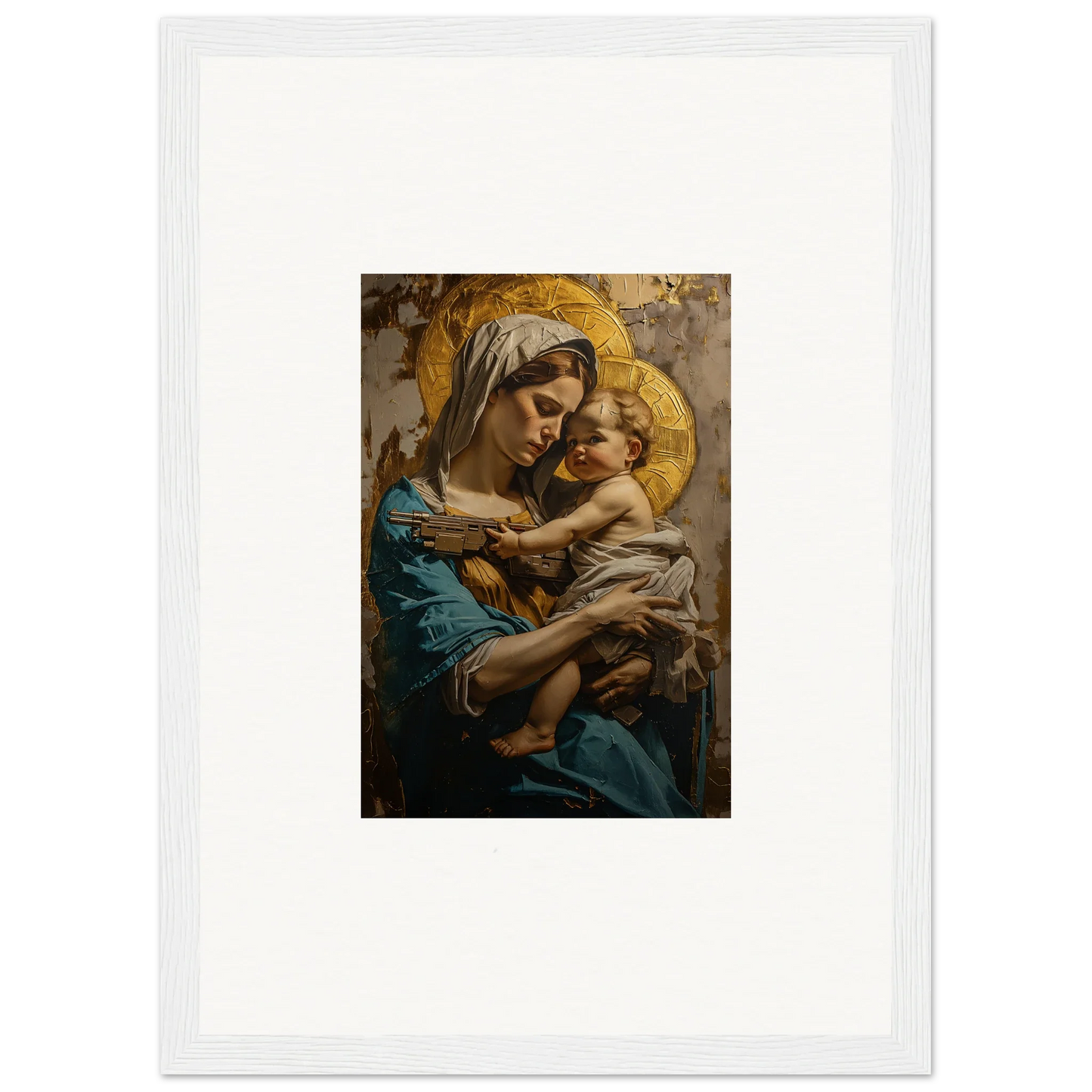 Framed canvas print of Sacred Embrace featuring woman and baby, perfect wall art for room decoration