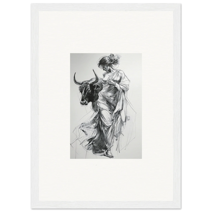 Black and white sketch of a figure in robes next to a bull for Reverie of Zephyr special edition art™