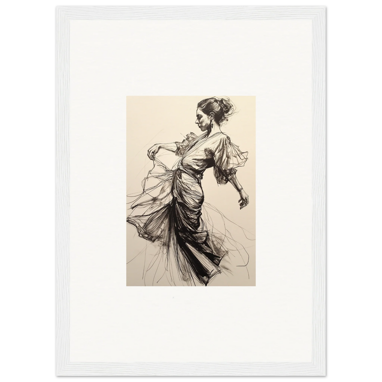 Elegant woman in flowing dress in motion from Ephemeral Ink Serenade framed wall art