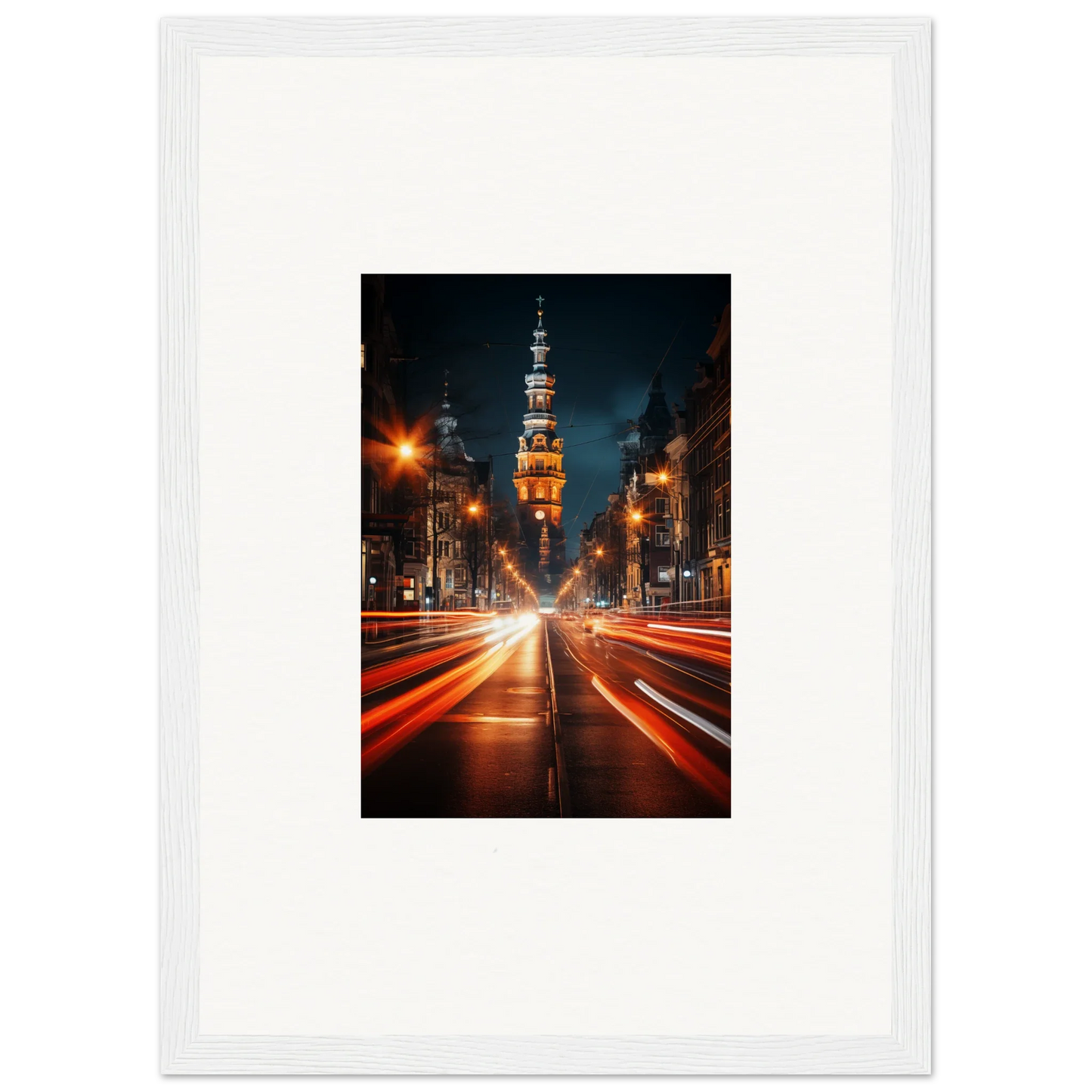 Long exposure light trails to an illuminated church tower in Umbra Urban Nocturne