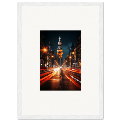 Long exposure light trails to an illuminated church tower in Umbra Urban Nocturne