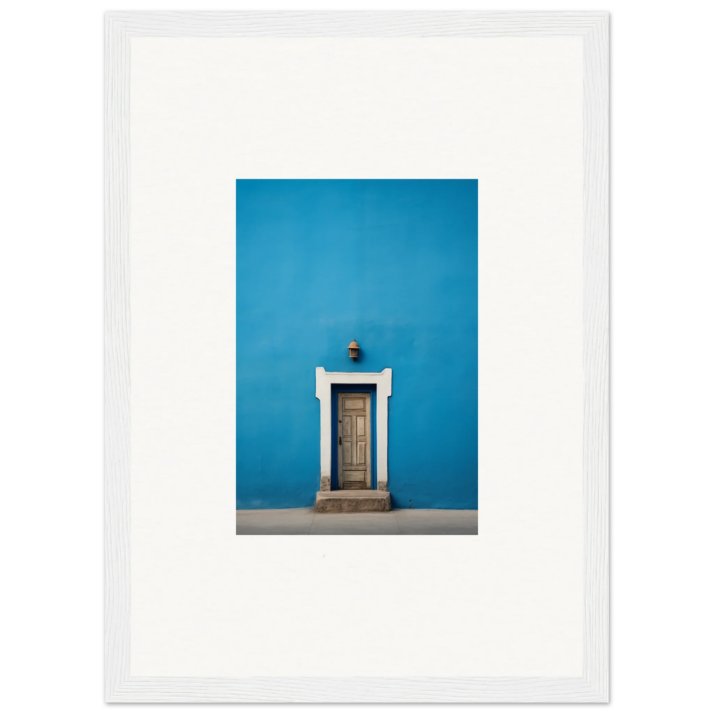 Wooden door with white trim on a bright blue wall in Eternal Cerulean Cloister