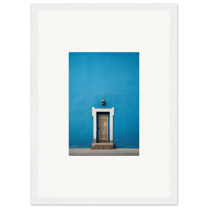 Wooden door with white trim on a bright blue wall in Eternal Cerulean Cloister