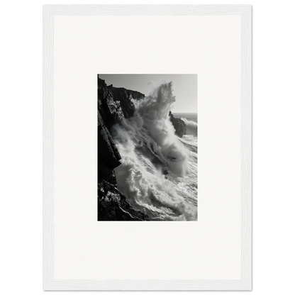 Powerful ocean wave crashing on rocky cliffs in Tempest Winks Reverie special edition art™