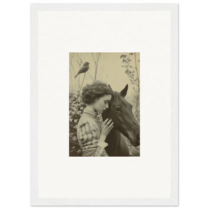 Framed vintage photograph of a woman with a horse, perfect for room decoration or wall art