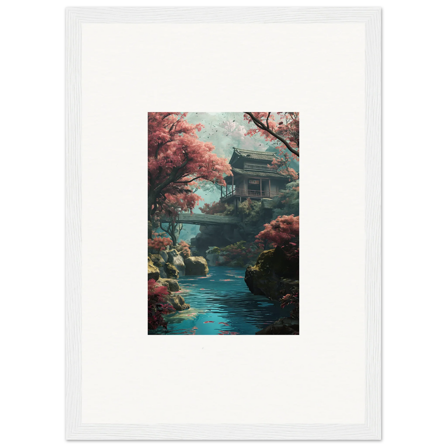 Traditional Japanese pagoda by a stream with cherry blossoms in Zen Dream Symphony art