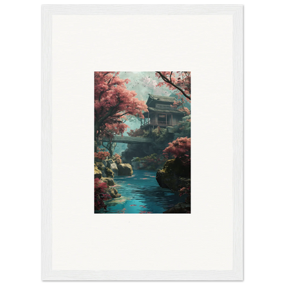 Traditional Japanese pagoda by a stream with cherry blossoms in Zen Dream Symphony art