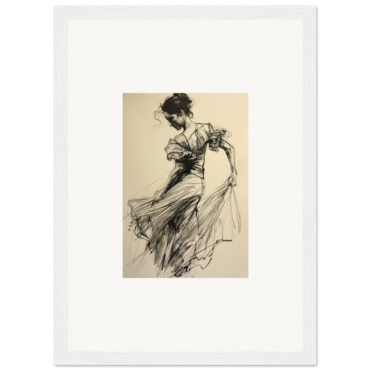 Sketch of a dancer in flowing dress for Ethereal Pause Beneath framed wall art