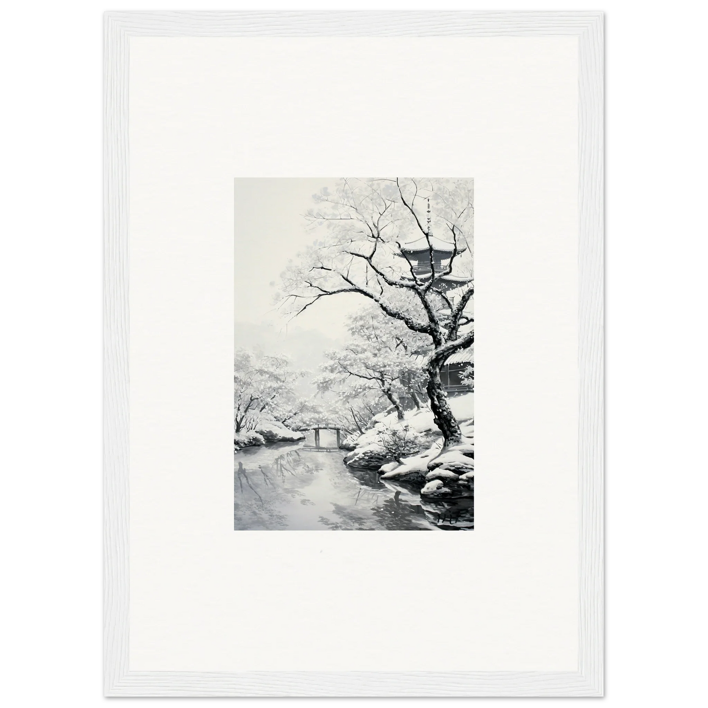 Black and white art of snowy trees by a stream in Chilled Lunar Embrace framed poster