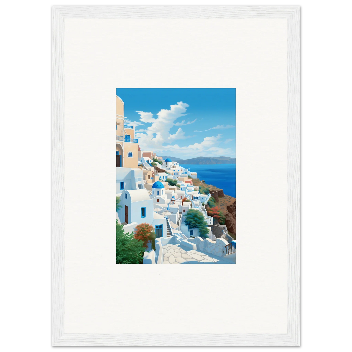 Framed photo of Santorini’s white buildings by Sunday Stahl in Stahl Messiração special edition art™