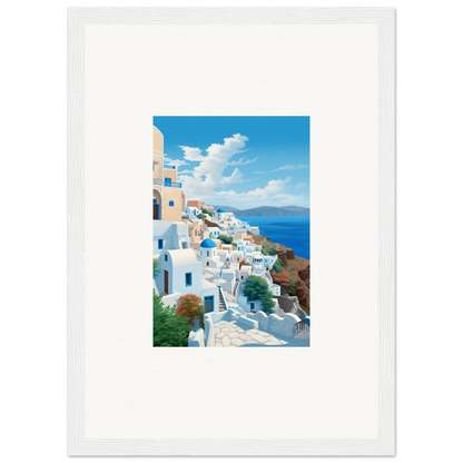 Framed photo of Santorini’s white buildings by Sunday Stahl in Stahl Messiração special edition art™