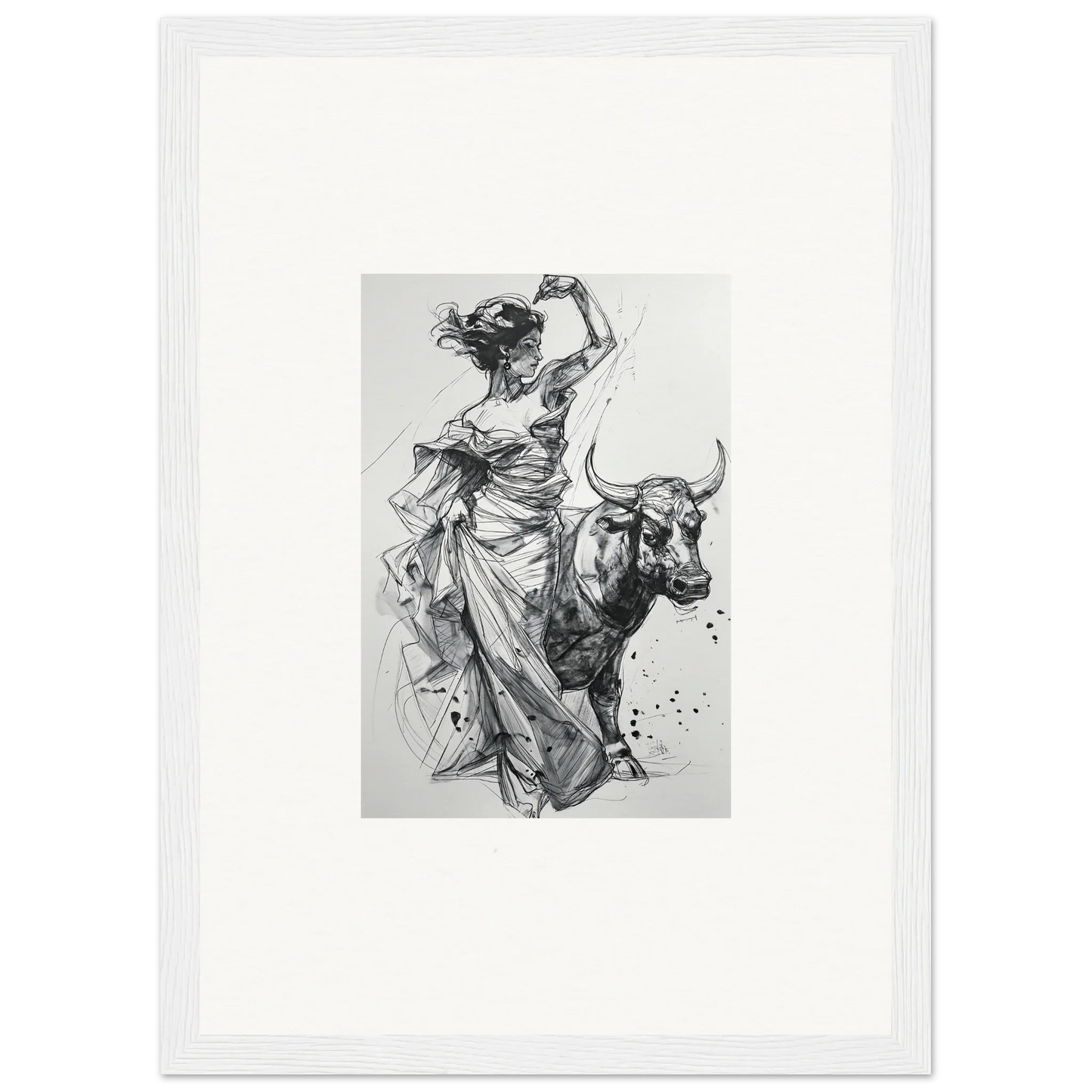 Black and white sketch of a figure in robes riding a bull from Tauripe Mystique Visions