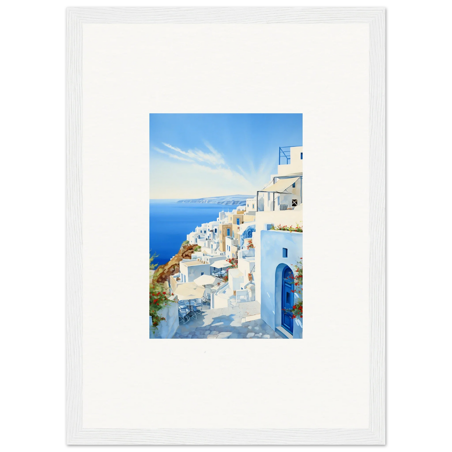 Framed photograph of Santorini’s iconic buildings in Mediterranean Serenity Remastered