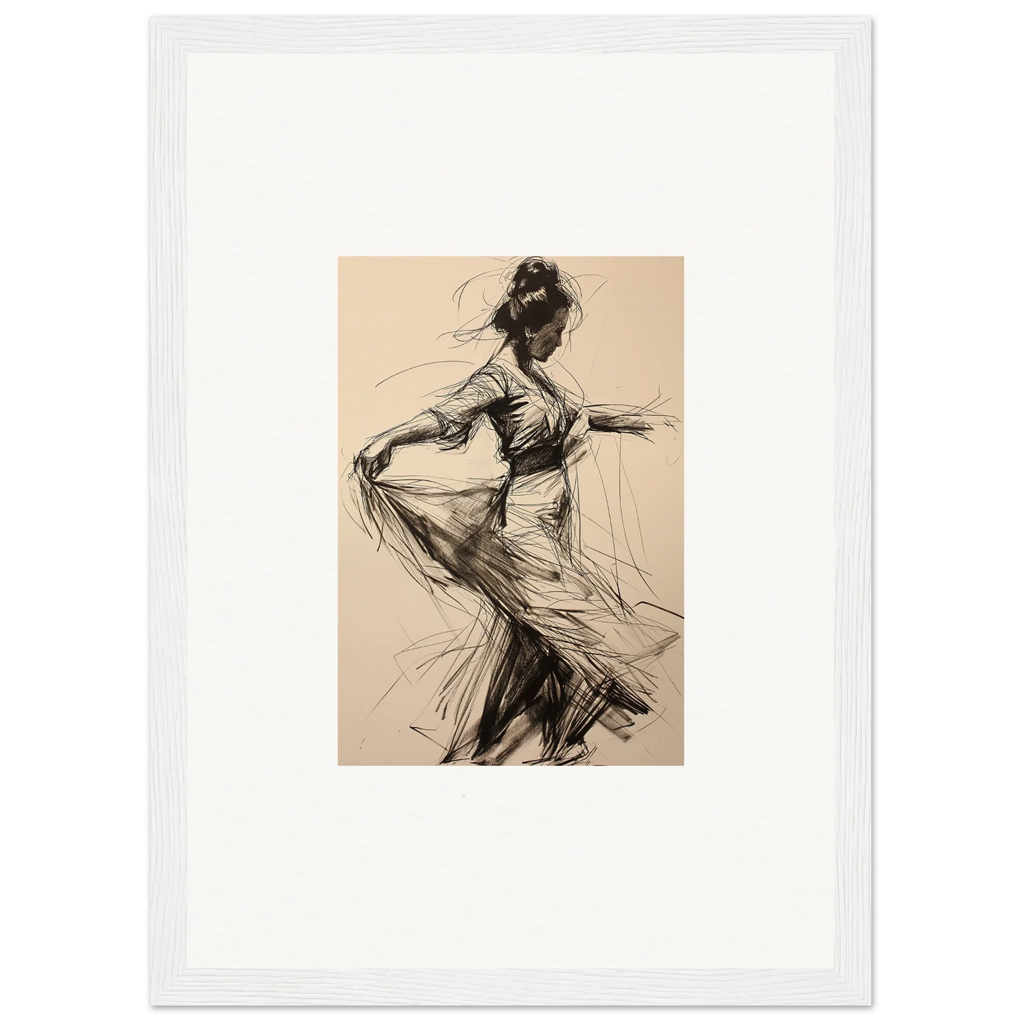 Sketch of a dancer in flowing dress for Ephemeral Motion Whispers framed wall art