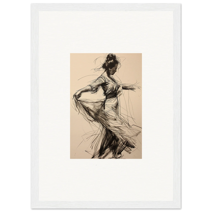 Sketch of a dancer in flowing dress for Ephemeral Motion Whispers framed wall art