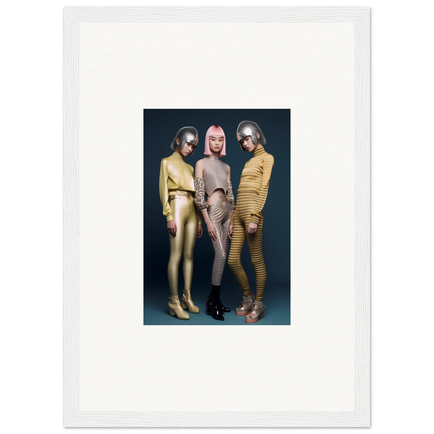 Three figures in gold and silver metallic bodysuits for Galactic Fashion Paradigm art