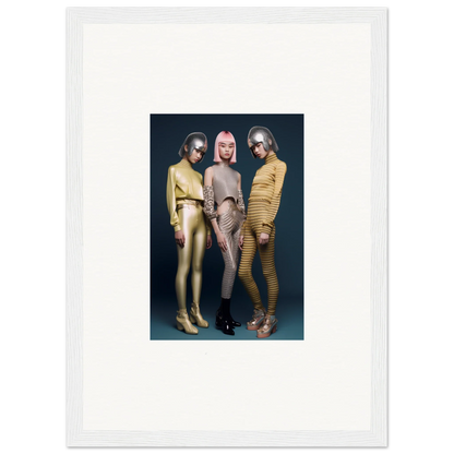 Three figures in gold and silver metallic bodysuits for Galactic Fashion Paradigm art