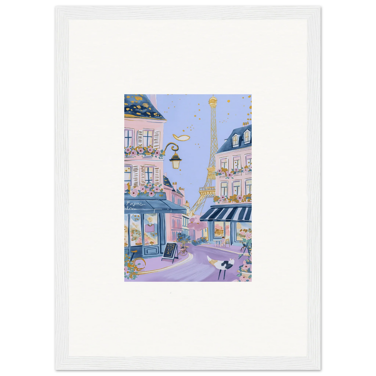 Framed wall art of a dreamy Parisian street scene with the Eiffel Tower for Hat Lemons Paris