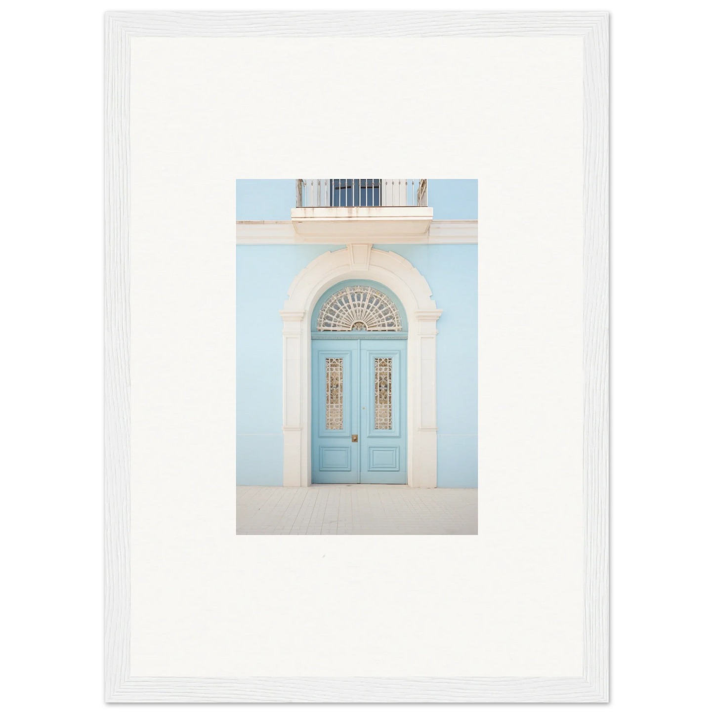 Light blue arched door with glass panels in Delphinium Dream Portal framed wall art