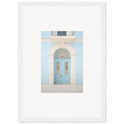 Light blue arched door with glass panels in Delphinium Dream Portal framed wall art