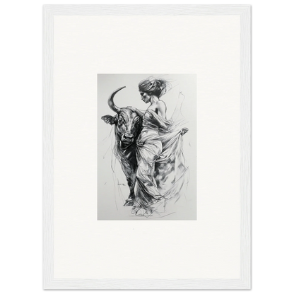 Black and white sketch of a figure in flowing fabric with a bull from Marvelous Taurine Serenade