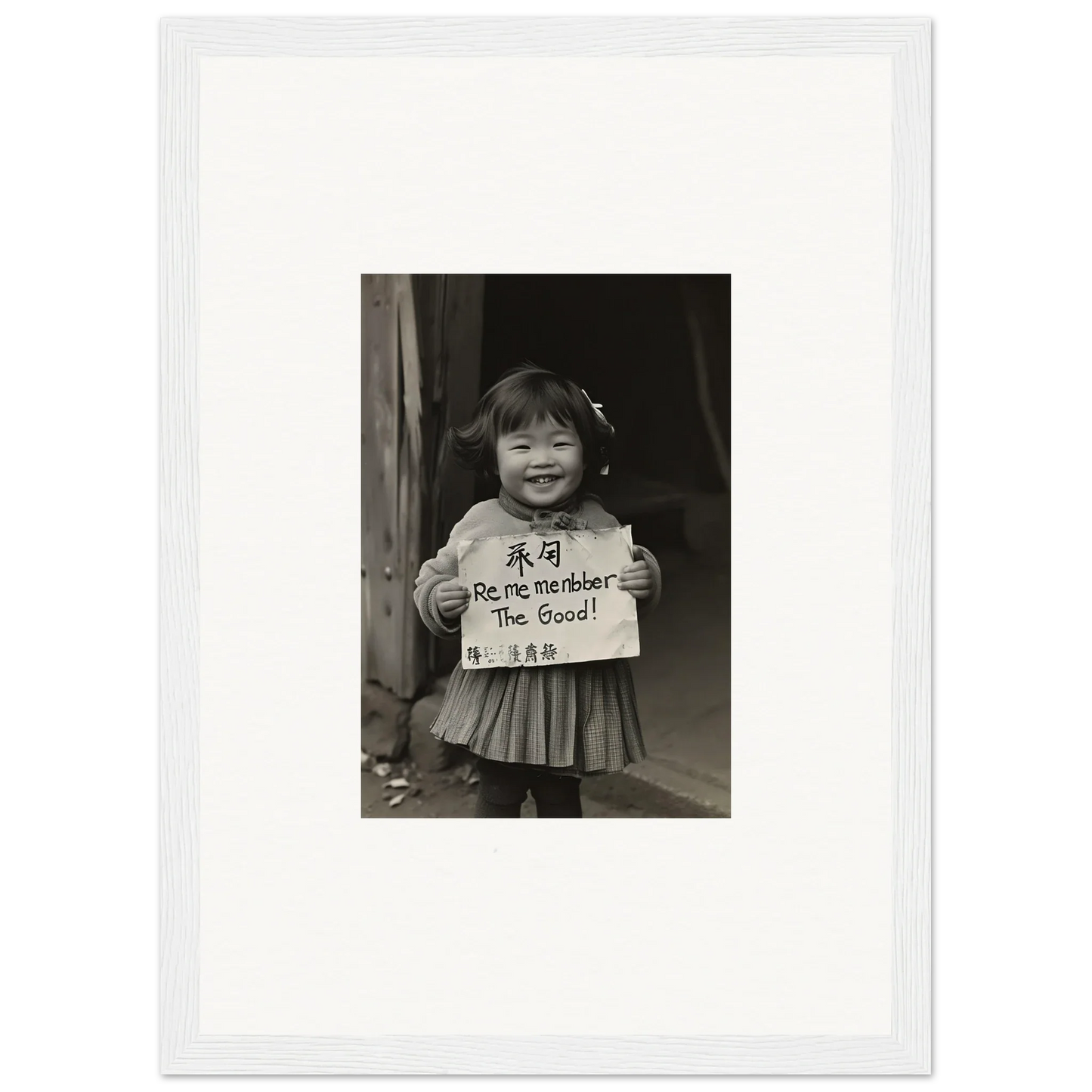 Child holding a sign in a black and white photo for Ephemeral Joy Imbibed art