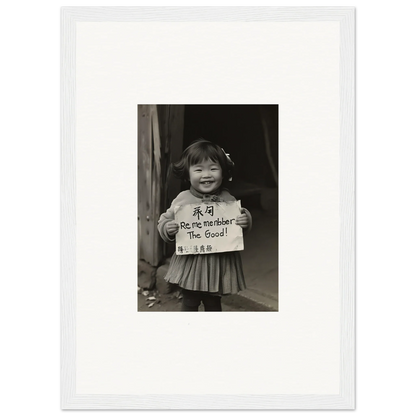 Child holding a sign in a black and white photo for Ephemeral Joy Imbibed art