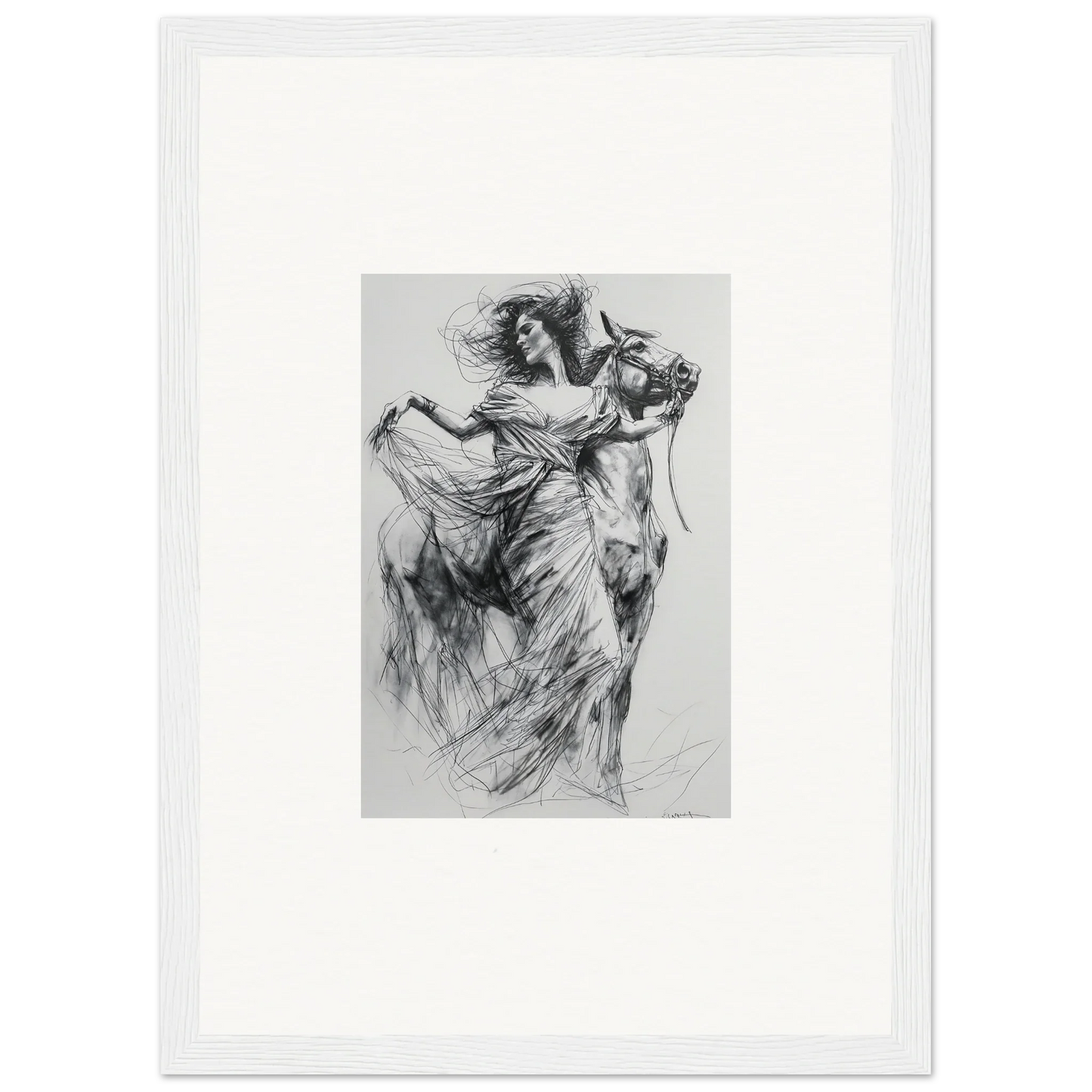 Dramatic charcoal sketch of flowing fabric in dynamic movement for Equestrian Ether Euphoria