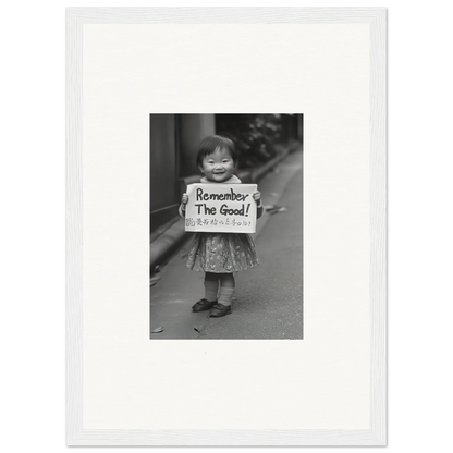 Child holding a sign that says Remember The Good in Whimsy Echo Memory framed wall art