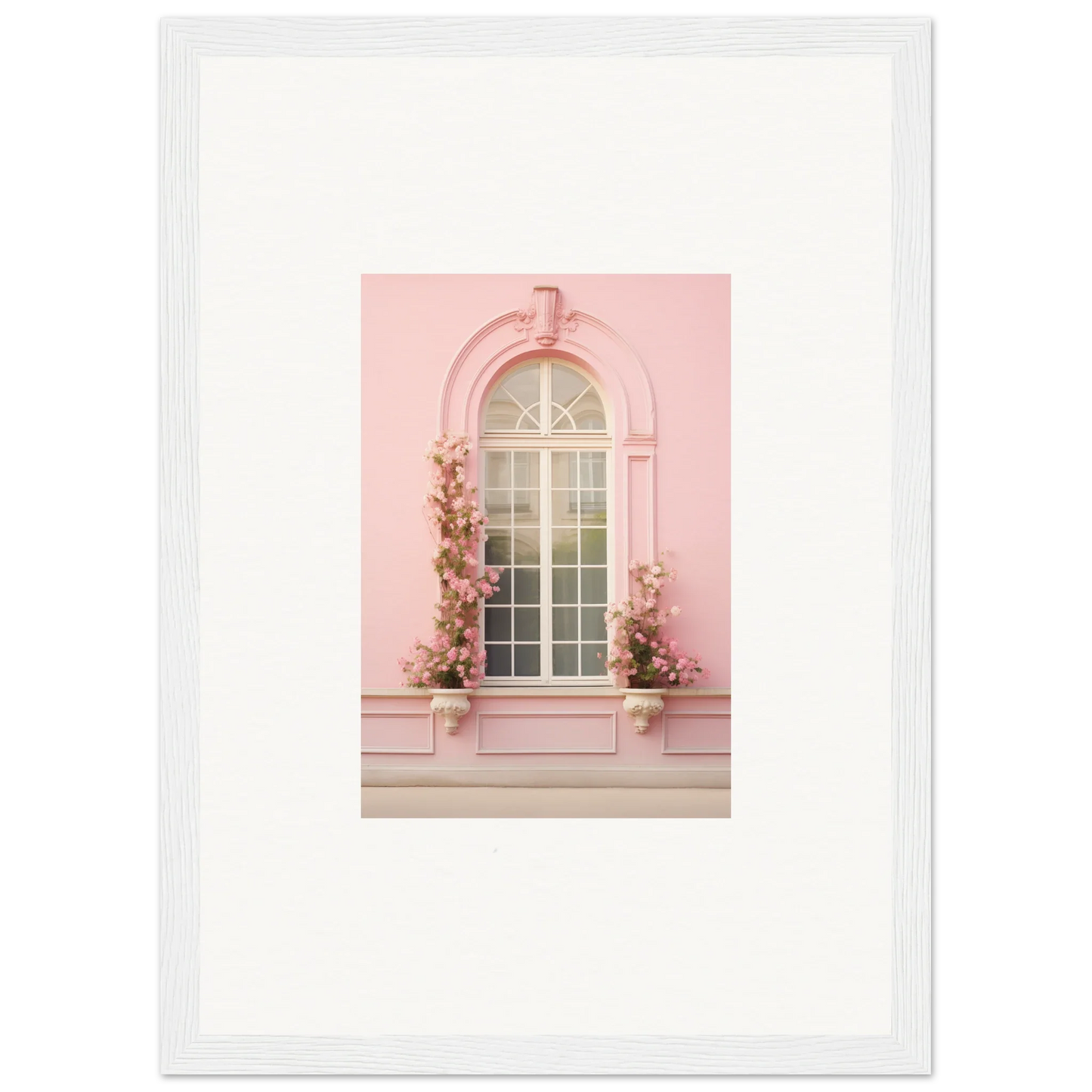 Pink arched window adorned with vines and boxes, showcasing Vitalose Rose Sonnet design