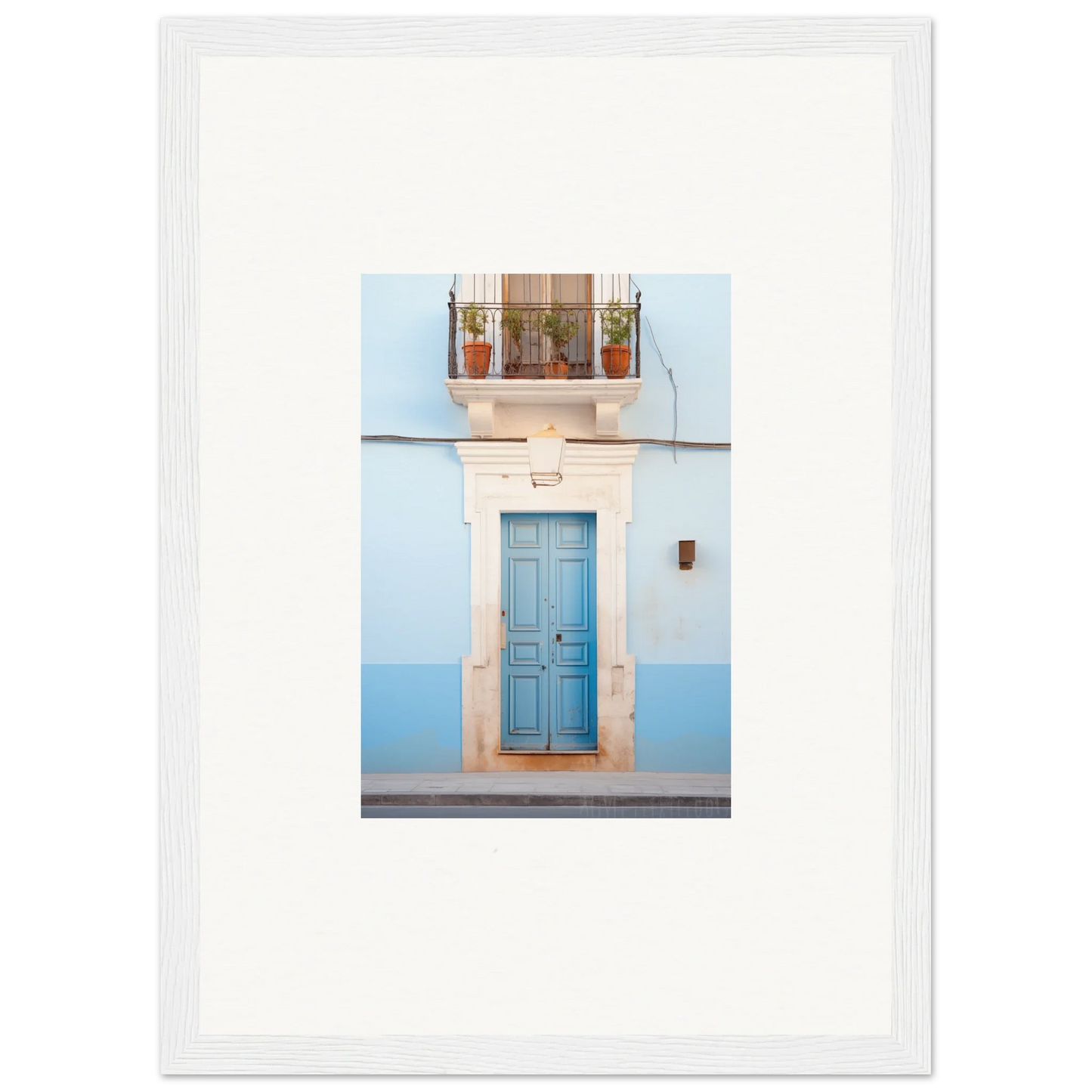 Light blue wooden door with white stone frame, perfect for Ethereal Azul Entrance art