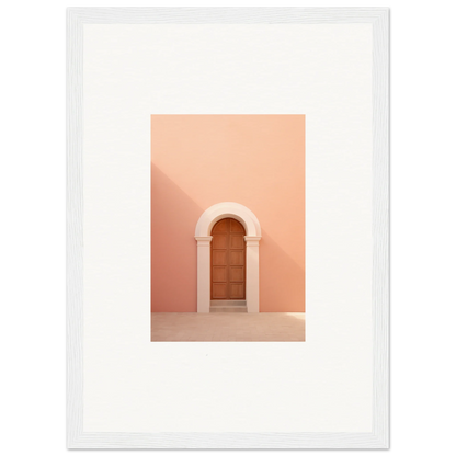 Wooden door in a curved archway on a peachy-pink wall from Silent Coral Dreams collection