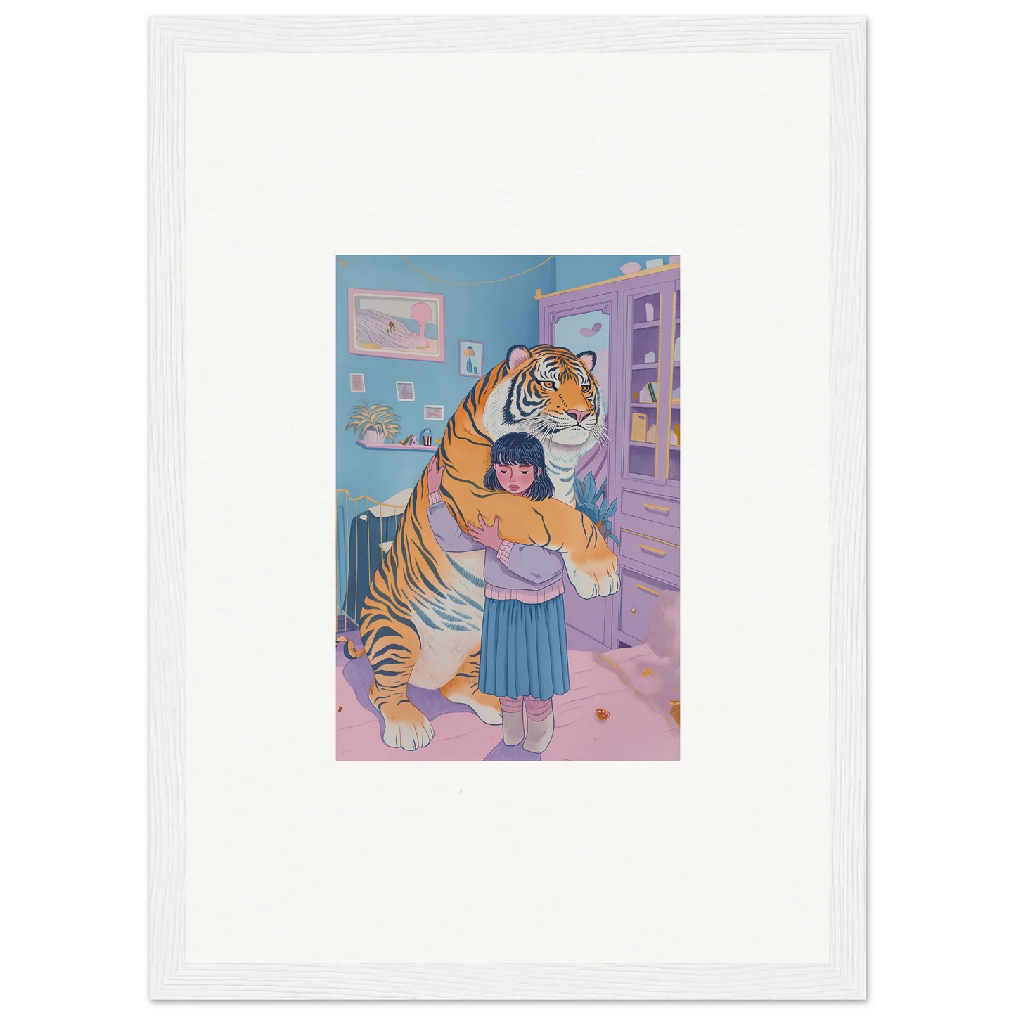 Young girl hugging a tiger in a colorful room, perfect for wall art and room decoration