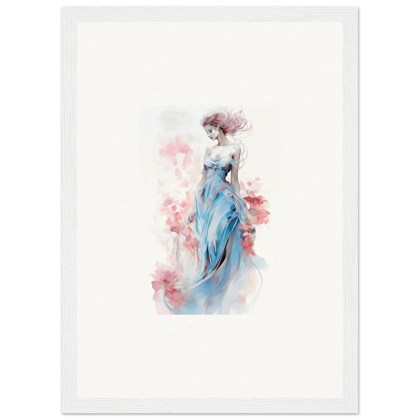 Watercolor canvas print of an elegant woman in a blue dress, perfect for room decoration