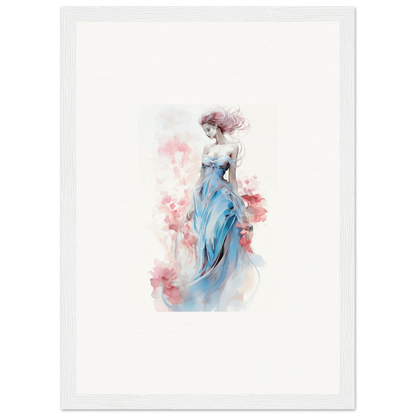 Watercolor canvas print of an elegant woman in a blue dress, perfect for room decoration