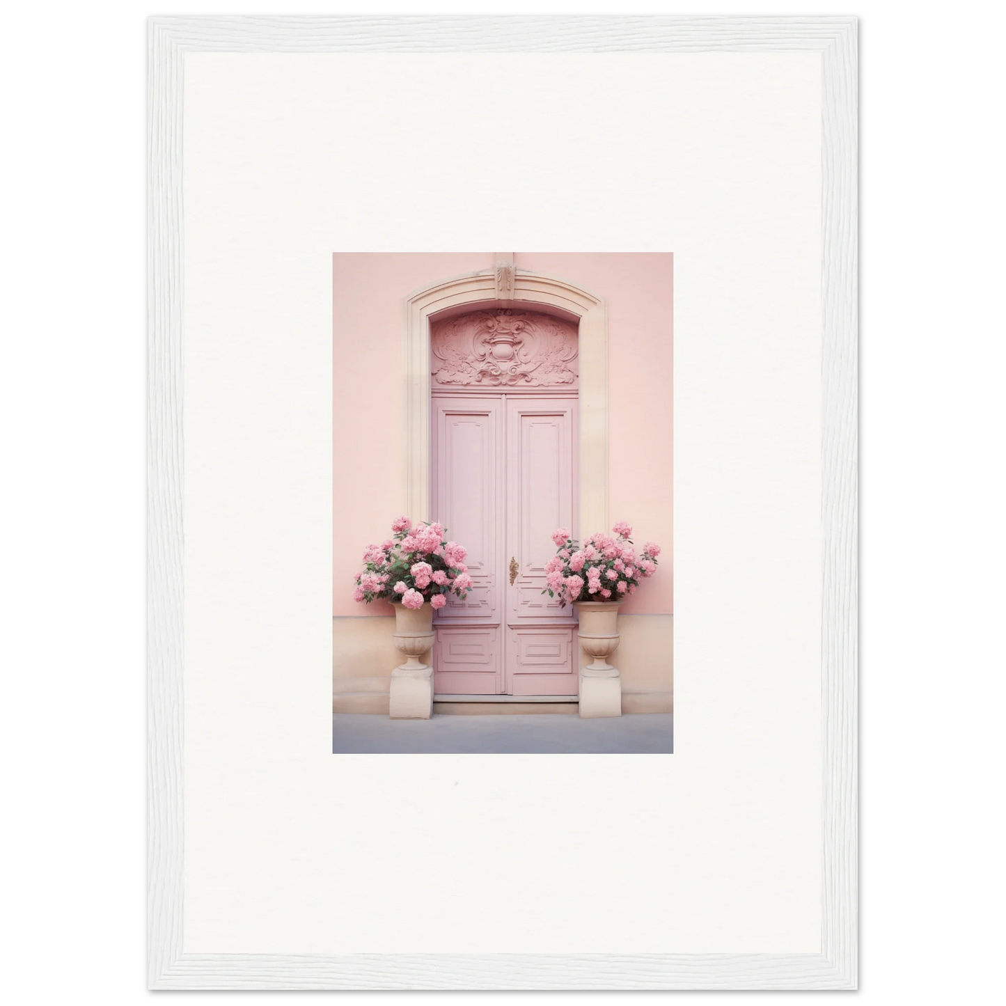 Pale pink door with ornate details and floral urns in Rosy Cosmos Gateway art