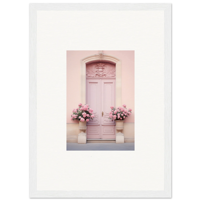 Pale pink door with ornate details and floral urns in Rosy Cosmos Gateway art