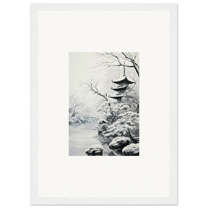 Black and white art of a snow-covered pagoda in Twilight Rebirth Narrative framed wall art