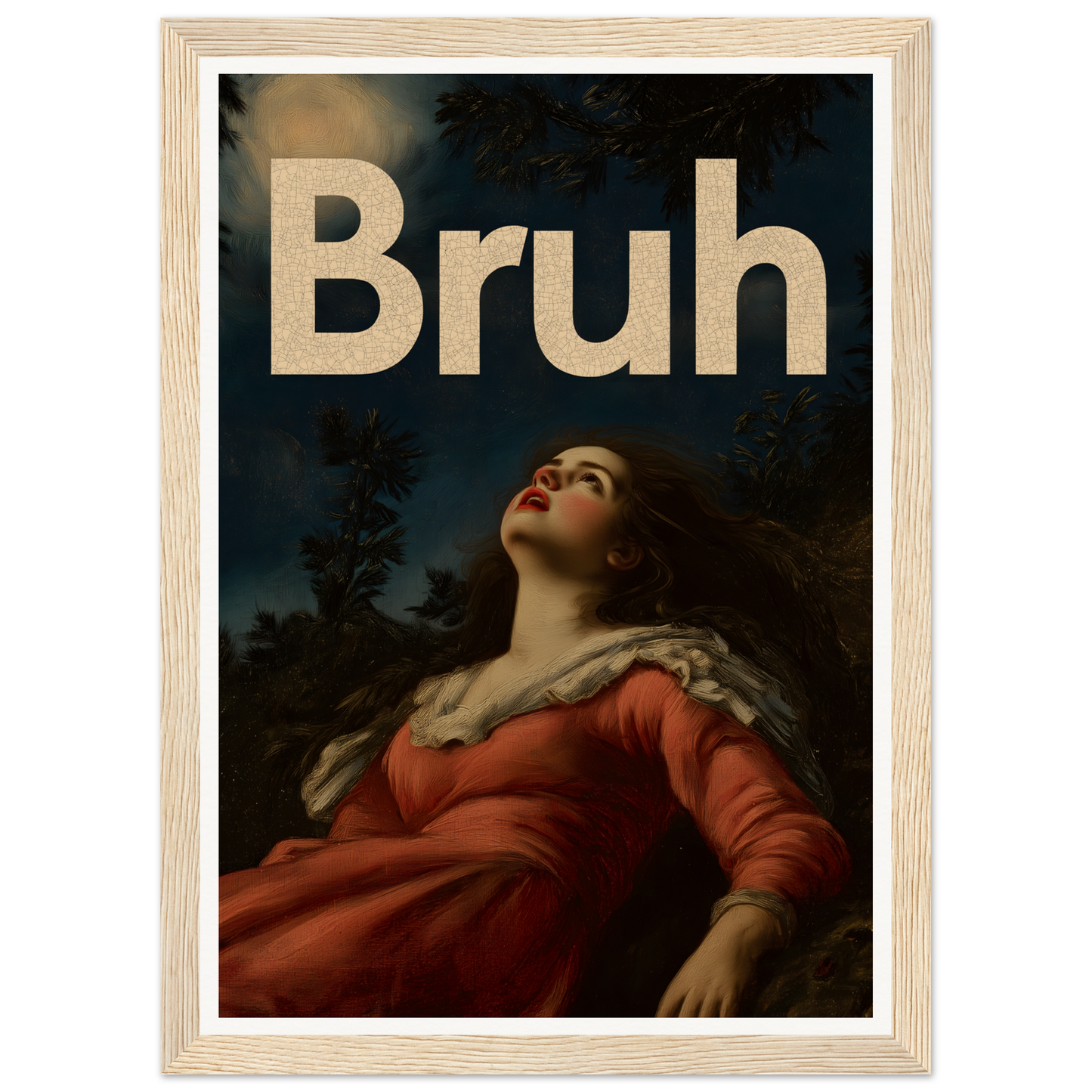 "Moonlit Bruh Reverie framed wall art featuring a woman gazing at the night sky, blending classical elegance with modern style for cool room decor"