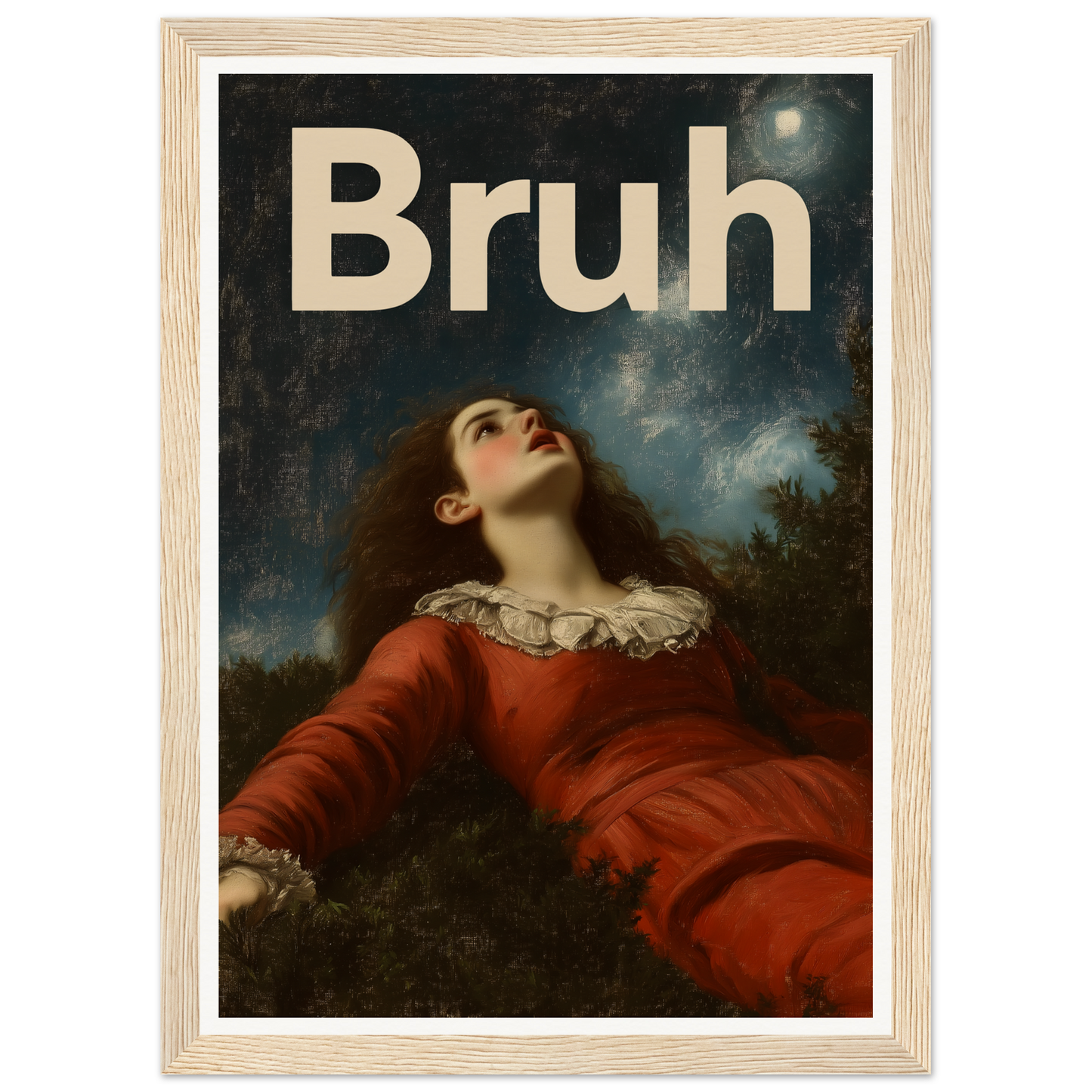 Framed wall art "Bruh Night Bewilderment" featuring a woman looking at the night sky, blending classic elegance with modern humor.