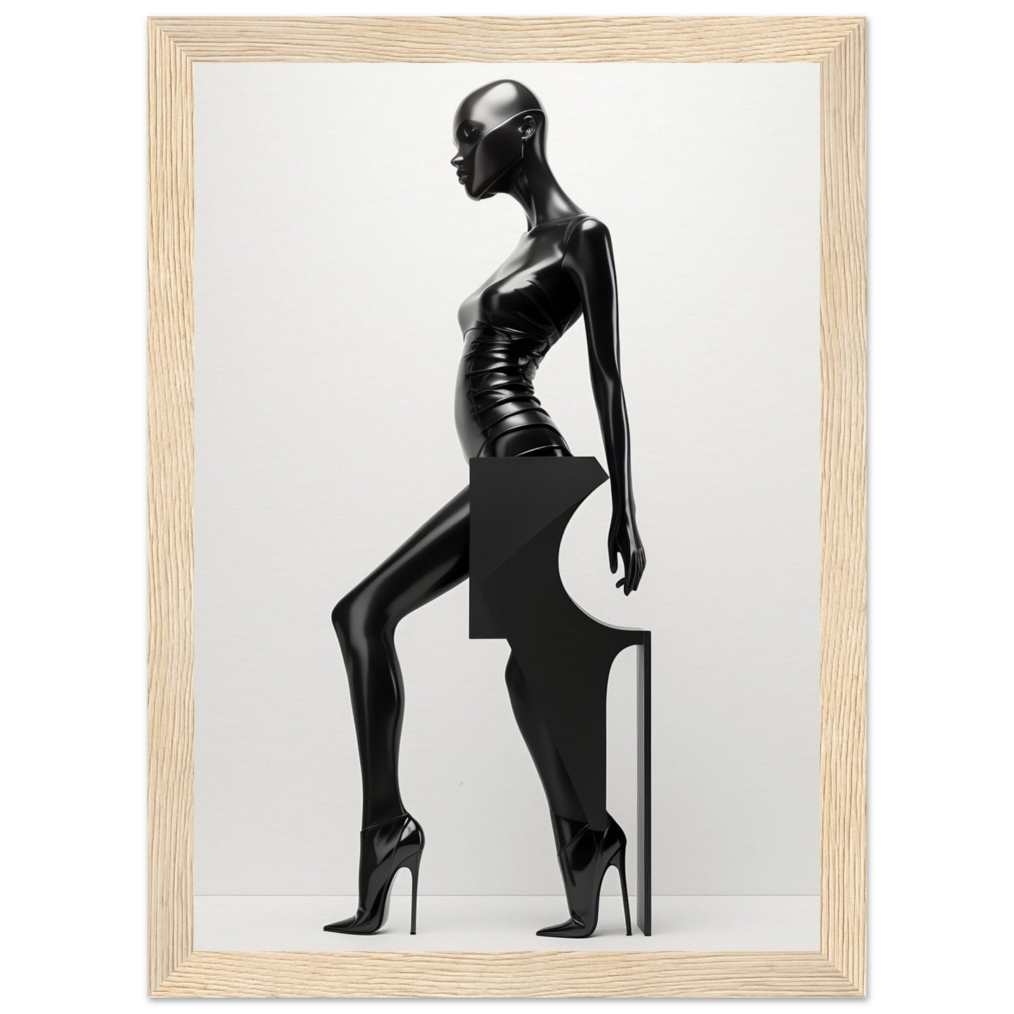 Stylized black silhouette sculpture of a slender female figure in high heels striking a dramatic pose.